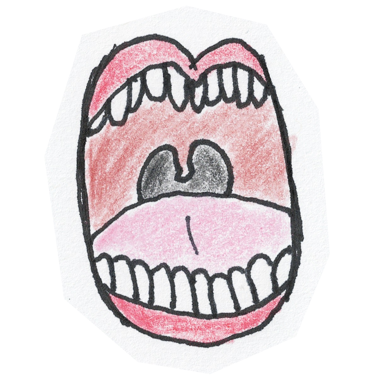 The mouth from Crumbania. A mouth, poorly drawn on paper with pen and colored pencil, gaping and ready to eat some crumbs.