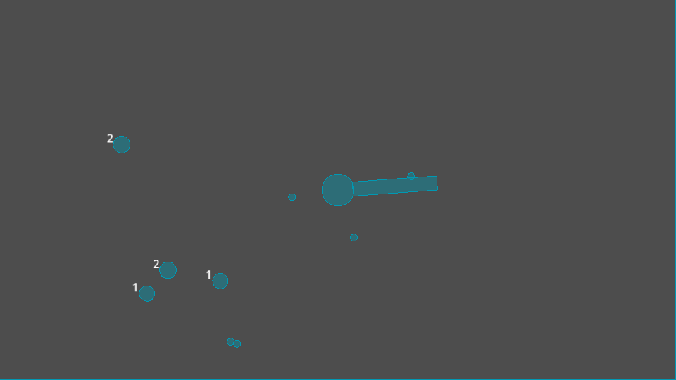 Early Gameplay of Crumbania. A handful of collision shapes with their debug visuals on roam around the screen in a fashion vaguely resembling Vampire Survivors gameplay.