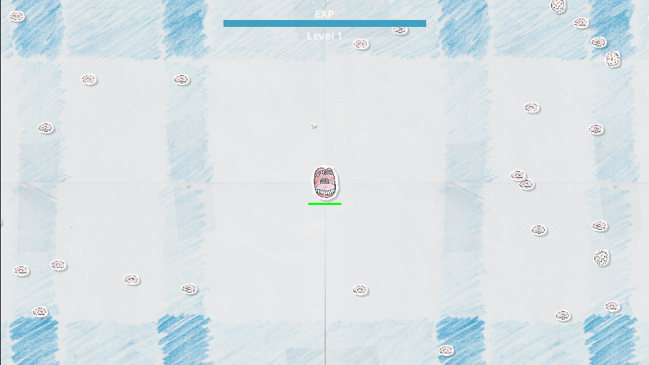 Early Gameplay of Crumbania. Where previously there were collision shapes, there is now a mouth, a fork, a spoon, and various foods, all poorly drawn in pen and colored pencil.