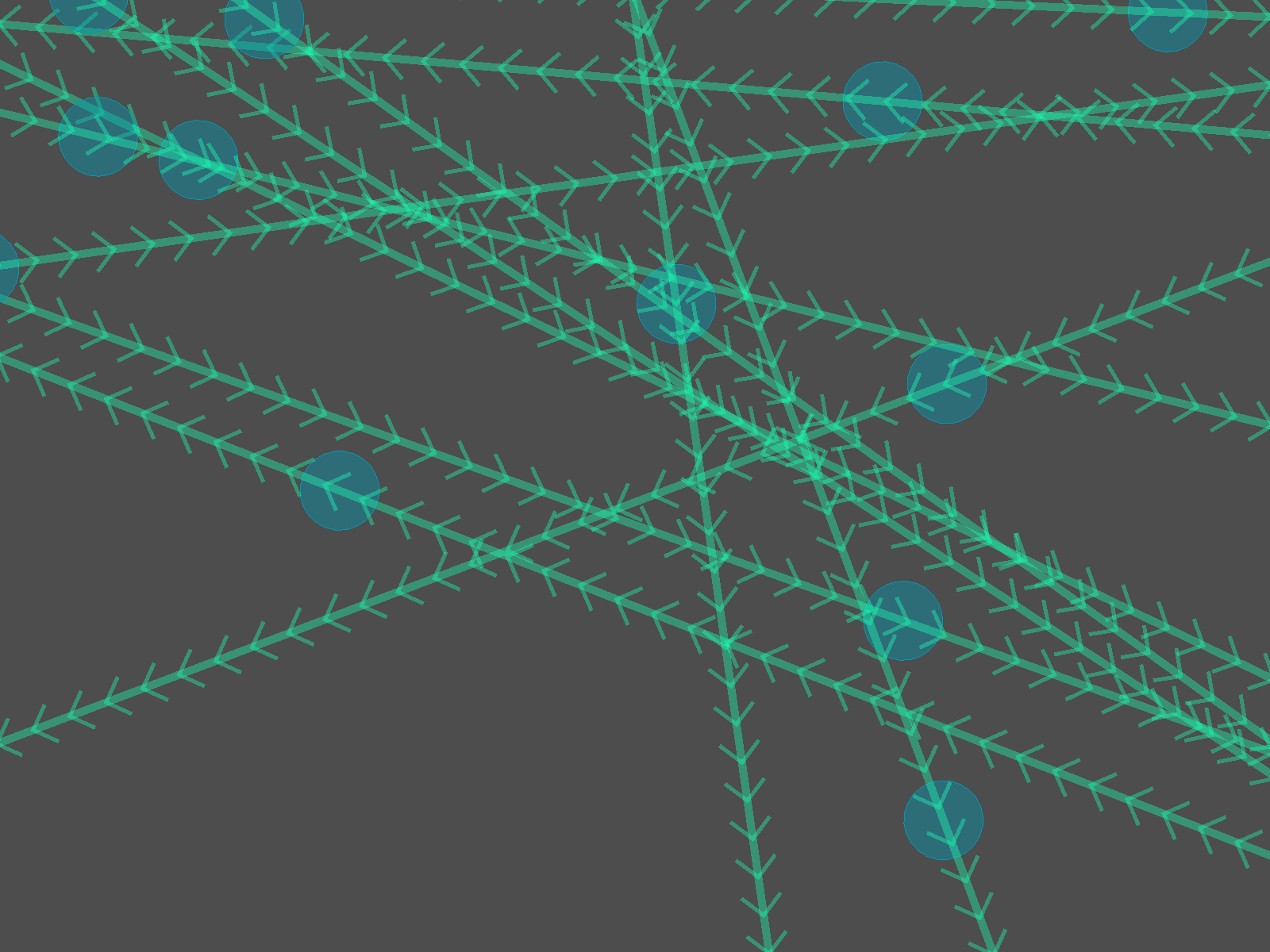 A number of Godot Area2D debug visuals move across the screen along Godot Path2D debug visuals.