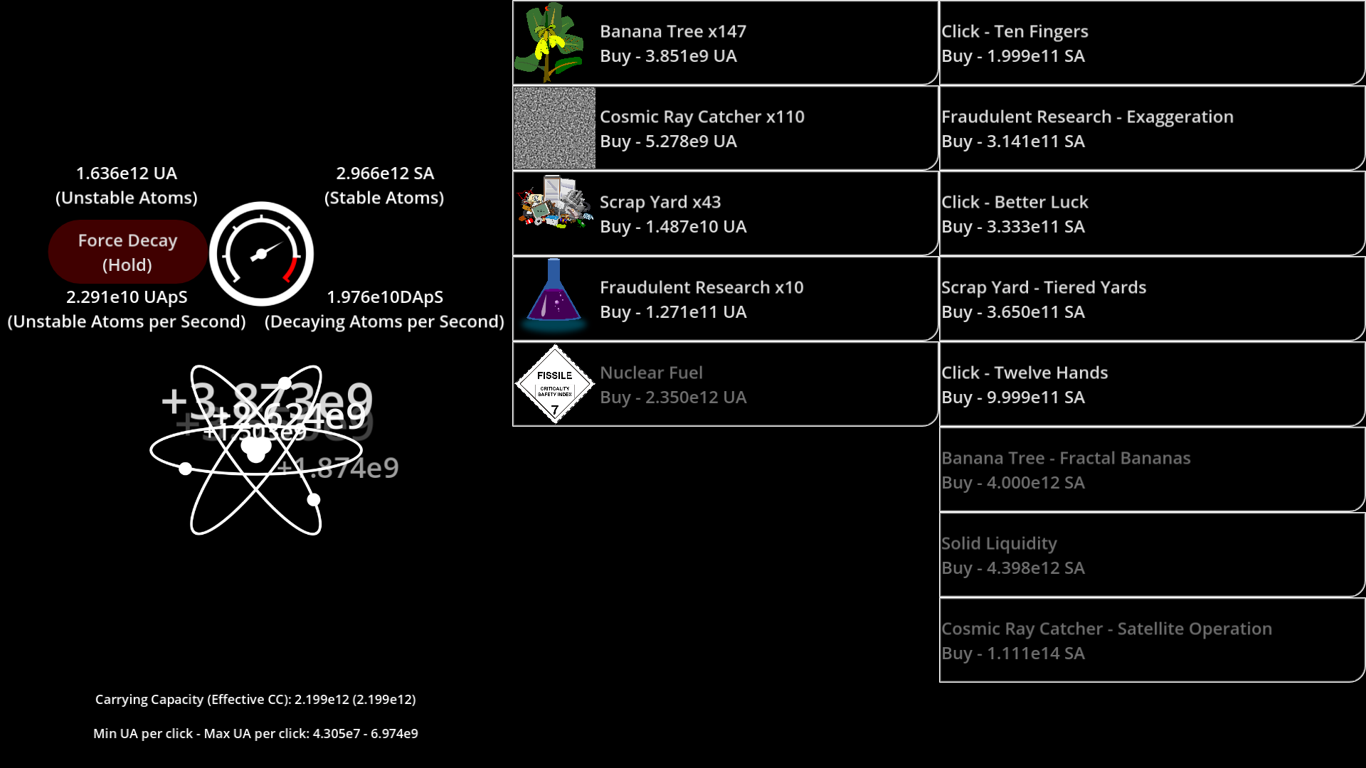 A dark, black UI has three columns, the center being for buildings, the right for upgrades, and left for status. The left side shows a large number of "Unstable Atoms" and "Stable Atoms". Below the status is a large depiction of an atom, which appears to be where you click, since there are numbers flying over top of the atom.