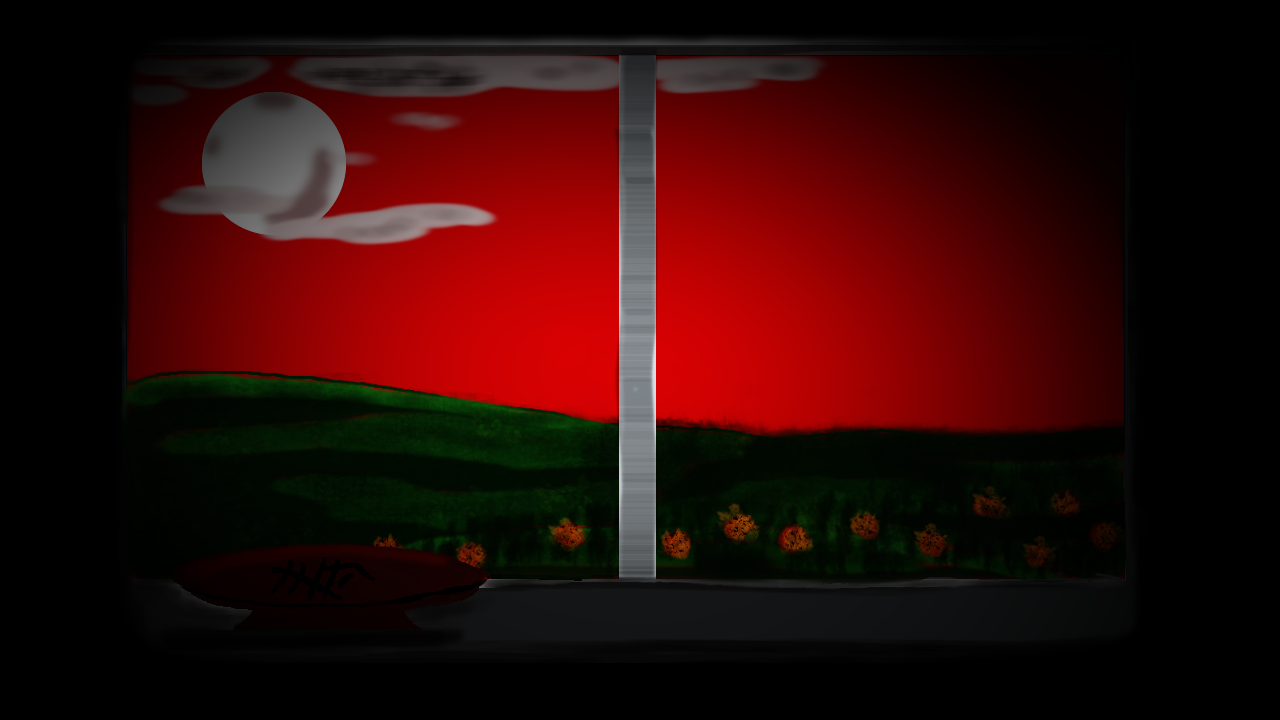 The cover art of Moon Viewing. A scene looking out a window onto a field of chrysanthemums, a bright white full moon, and a red sky. There is a bowl of sake on the window sill.