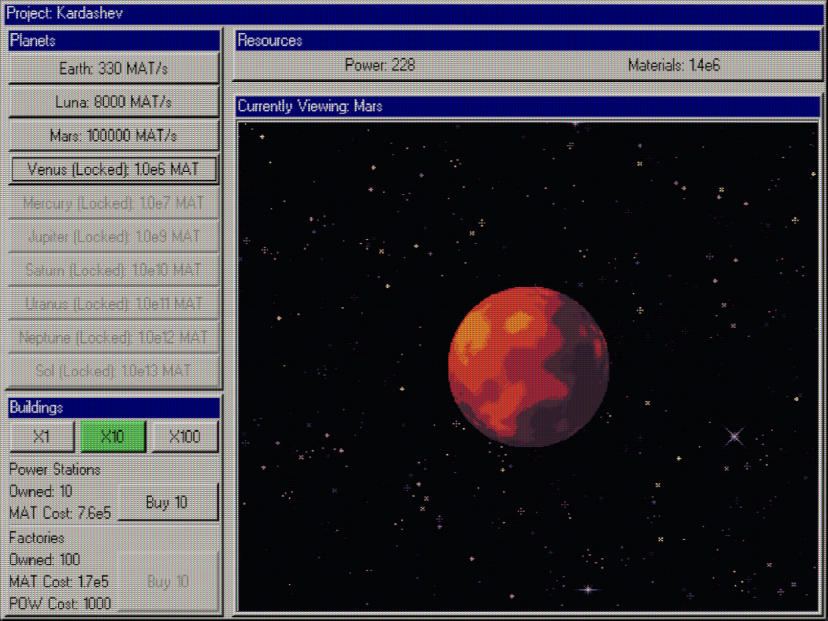 Final gameplay of Project: Kardashev. A Windows 98-style retro UI has a number of panels within it, labeled "Planets", "Resources", "Buildings", and "Currently Viewing: Mars". In the "Currently Viewing: Mars" panel, there is a depiction of the planet Mars floating in space. The other panels contain game information, such as how much Power and Materials the player has, how much it costs to buy the next buildings, and how much it costs to unlock the next planet. There is a CRT effect over the screen.
