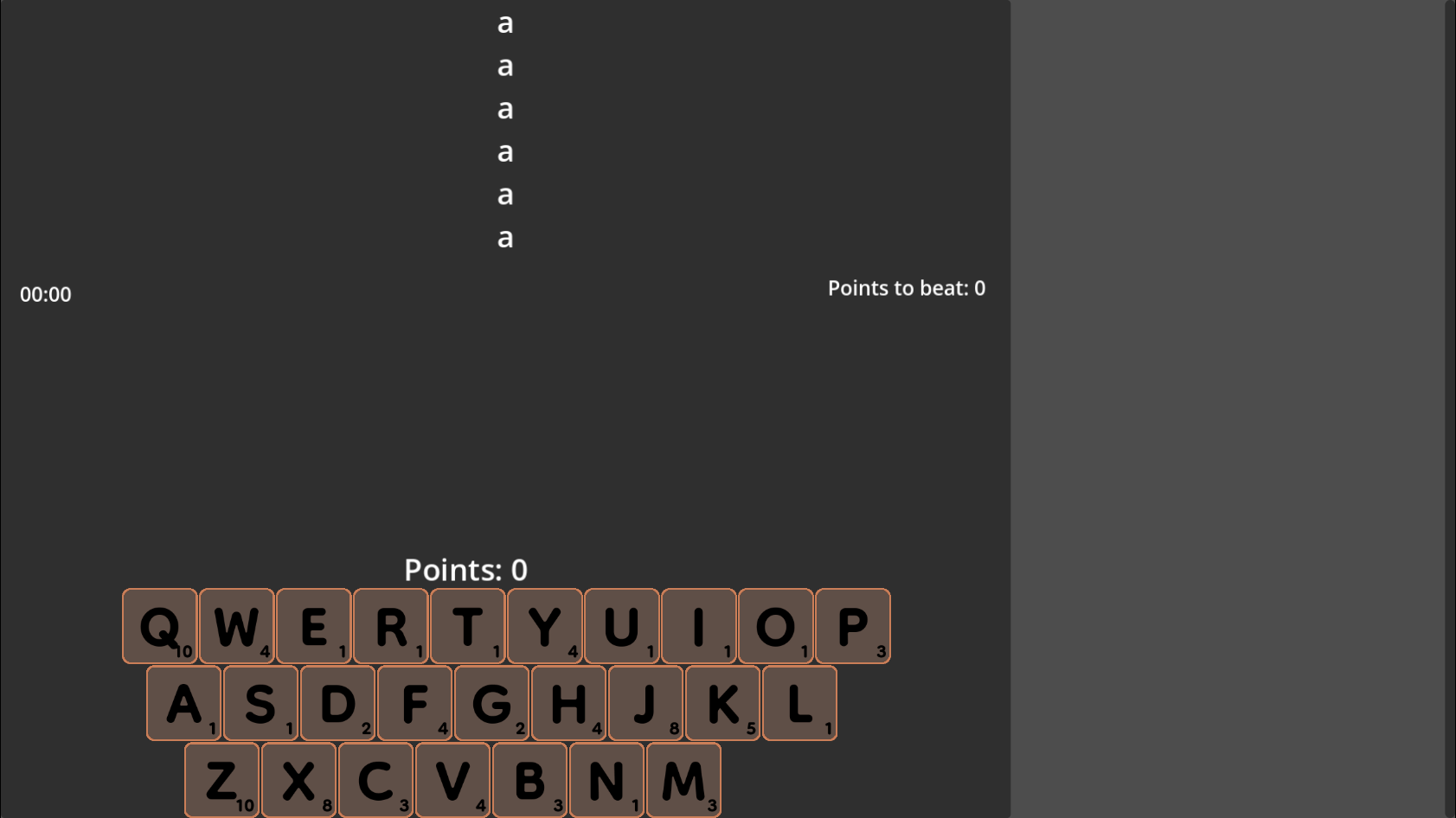 Very similar to the first GIF, but now instead of a TextEdit, typed letters fly up from the keyboard to their place in the word. The word "QUEEN" is typed, entered, and scored. Other gibberish words are typed to demonstrate the functionality. The quote is now one by Winston Churchill.