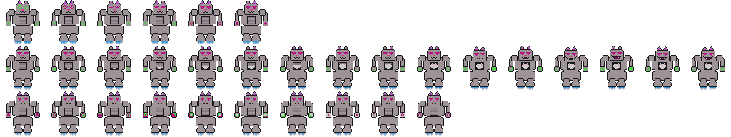 A sprite sheet of an enemy in the game. It is a large cat-like robot, and in one of the animations it is revealed there is a cat face inside the robot, presumably controlling the robot.