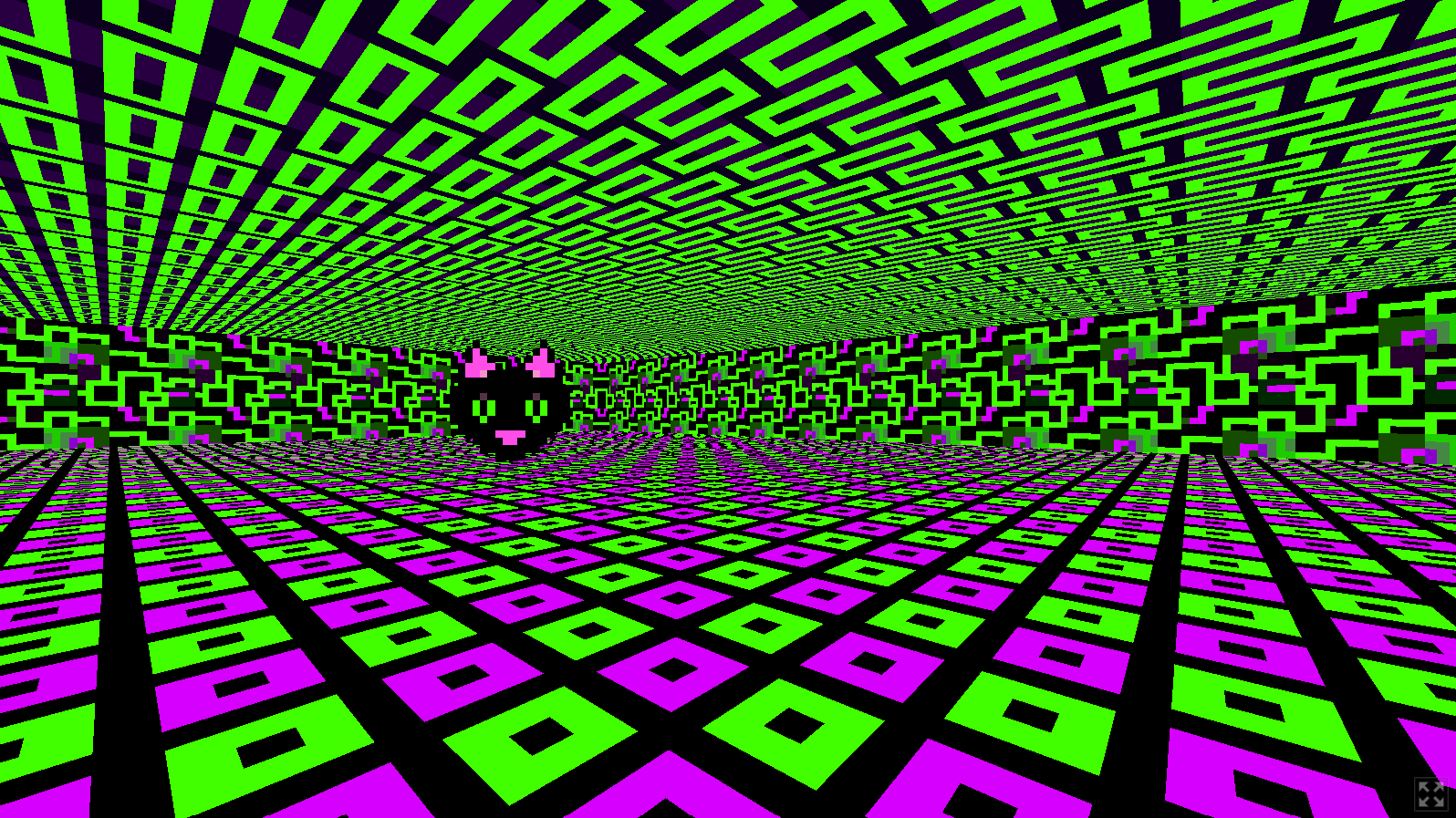 Early prototype of The G.N.A.W. Protocol. A handful of extremely busy pixel art textures line the wall, floor and ceiling of a square room. There is a pixel art cat floating in the room.