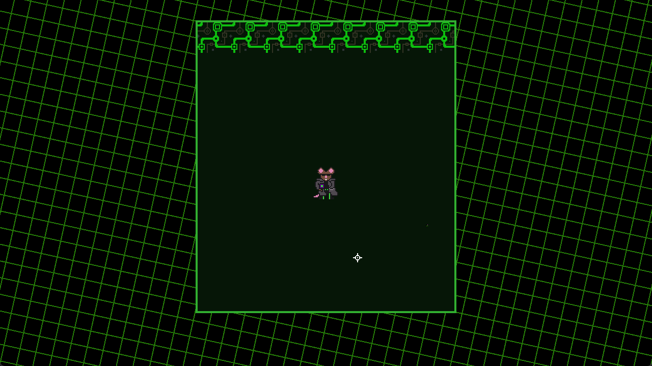 Early prototype of The G.N.A.W. Protocol. A slightly larger mouse guy holding a gun moves around a dark green square. A cat face enemy spawns and is immediately killed, then two items spawn. One item is picked up, and another enemy spawns and is killed, which then makes two more items appear.  There is a Matrix-green square grid slowly scrolling behind the arena.