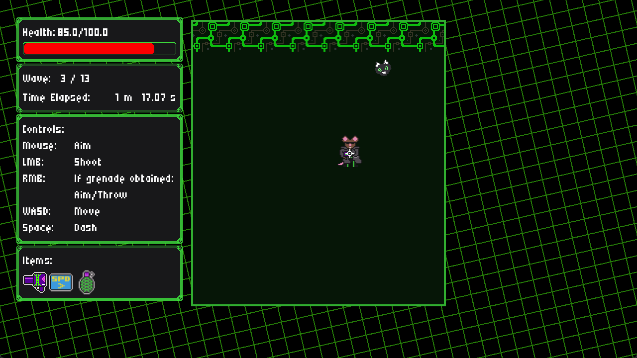 Final gameplay of The G.N.A.W. Protocol. The mouse guy goes around shooting enemies, throwing grenades, all that good stuff. There is a UI on the left with health, items, and other information. The screen shakes every time the player shoots.